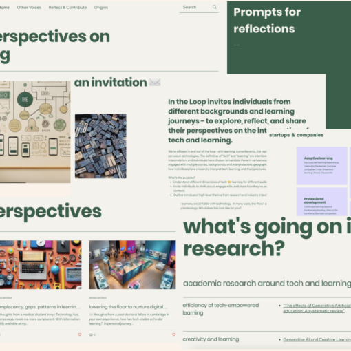 A collage of screenshots from the In the Loop website in light & dark green. It showcases different parts of the project, including different voices, the origin story of the project, and research.